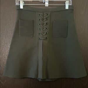 Sandro Paris Olive Green Lace-Up Texture Knit Ribbed Pockets Mini Skirt..XS/S